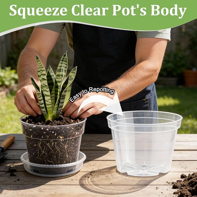 15 Pack 8/7/6 Inch Clear Nursery Pots with Saucer, Transparent Plastic Plant Pot with Drainage Hole, Sturdy Planting Starter Pots for Gardening Flower Herb Vegetable