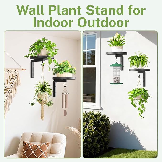 iDavosic.ly Wall Plant Holder Set of 2 for Indoor Outdoor, Metal Hanger with 2 Hooks, Floating Flower Display Stand for Window, Space Saving & Easy to Assemble (Pots/Chains/Plants Not Included), Black