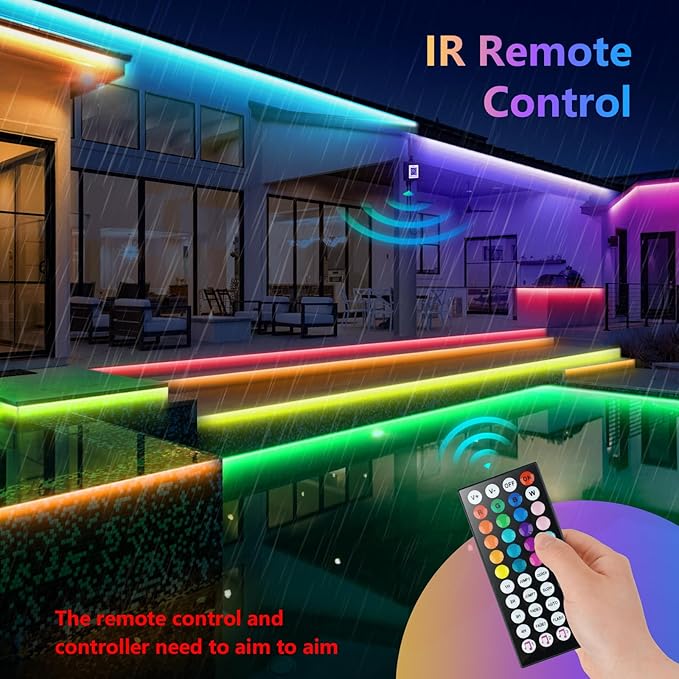 150Ft Outdoor LED Strip Lights, IP68 Waterproof Color Changing RGB LED Light Strips with IR Remote and APP, 24V Music Sync Led Rope Lights,Flexible Outdoor DIY Tape Lights for Balcony Deck Garden Pool