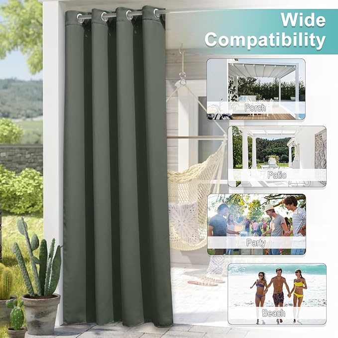 NICETOWN 2 Panels Greyish Green Outdoor Curtains for Patio Waterproof Set of 2, Rustproof Grommet Blackout Indoor Outdoor Drapes Thermal Window Treatments for Pergola/Porch, W52 x L84