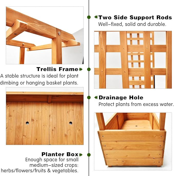 Raised Garden Bed with Wood Trellis Set of 2 Outdoor Planter Box for Tomatoes Climbing Vegetables Herbs Flowers Patio Pots Tall Hanging Roof 2 Drainage Holes Orange, 42.5" L x 17.3" W x 66.1" H