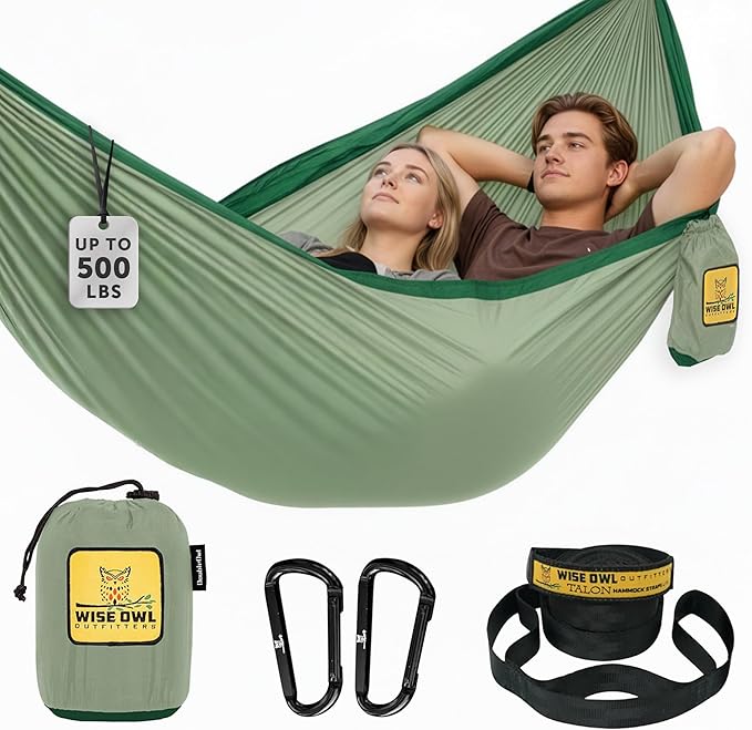 Wise Owl Outfitters Camping Hammock – 500lbs Portable Hammock with Tree Straps - Travel, Backpacking, Hiking, Outdoors Camping Gear - Single or Double