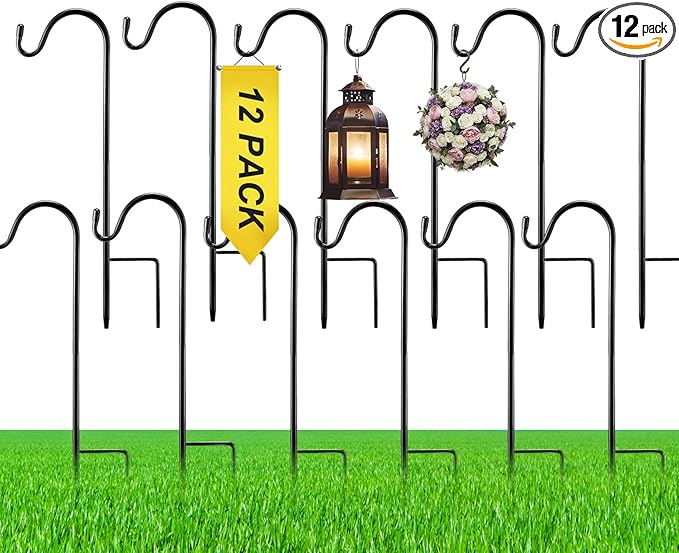 15inch 12 Pcs Adjustable Shepherds Hook for Outdoor Metal Rust Resistant Steel Shepard Hooks for Bird Stand Feeder Pole, Weddings Decor, Garden Plant Basket, Outside Hanging Solar Lights
