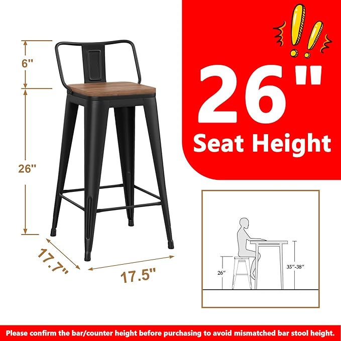 WENTMENT Metal Bar Stools Set of 2 Counter Height Barstools with Removable Back 26" Kitchen Bar Stools with Wooden Seat, Black