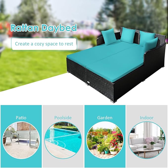 COSTWAY Outdoor Patio Rattan Daybed, Sponge Cushioned Loveseat Sofa with 4 Pillows, Wicker Furniture Sunbed for Balcony, Courtyard (Turquoise)