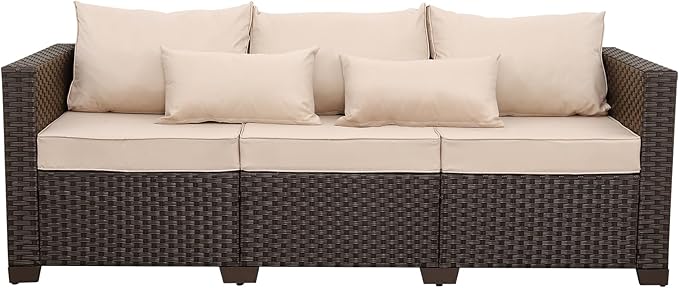 Outdoor Furniture Couch 3 Seater Sofa Outdoor Brown Wicker Sofa Deep Seat High Backrest Patio Couch with Non-Slip Cushions Waterproof Cover, Khaki