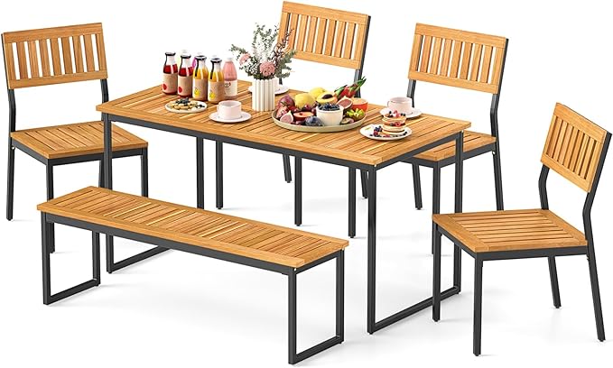 Tangkula 6 Pieces Outdoor Acacia Wood Dining Set, Patio Table and Chairs Set with Bench and 2” Umbrella Hole, Outdoor Patio Dining Furniture Set for Lawn, Garden, Poolside, Backyard