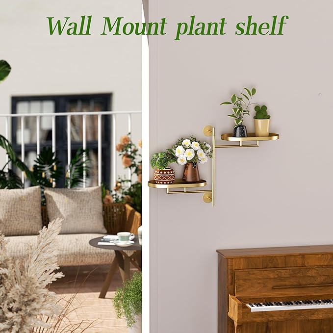 Window Rotating Plant Stand Shelf Indoor Gold Metal Floating Shelves 2-Tier Wall Mount Plant hanger Holders for Wall Planter Modern Home Decor window sill gifts