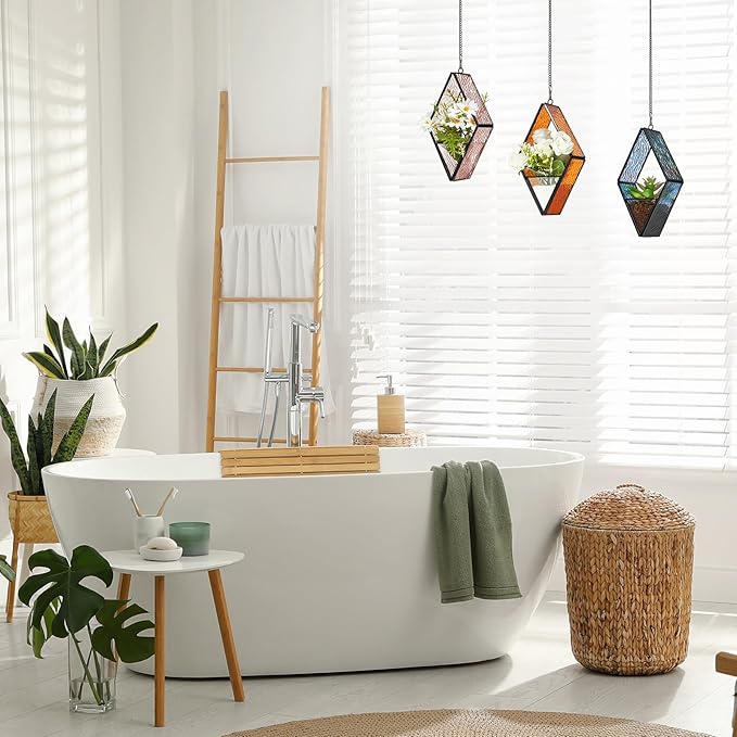 Yaomiao 3 Pcs Stained Glass Hanging Plant Terrariums Hanging Glass Planter Small Geometric Terrarium Air Plant Terrarium with Chain for Succulent Moss Holders Garden Wall Windowsill (Vivid Color)