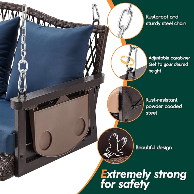 Upgraded Wicker Hanging Porch Swing Heavy Duty 900 LBS 3-Seat Outdoor Patio Swing Chair Bench for Adult w/ 8.9ft Hanging Chains Cushions and Cup Holder