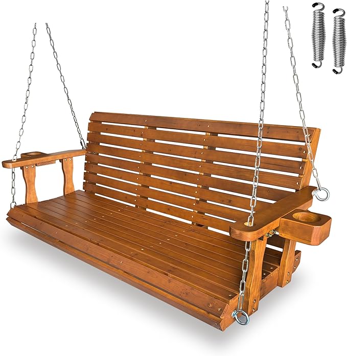 Wooden Porch Swing 3-Seater, Bench Swing with Cupholders, Hanging Chains and 7mm Springs, Heavy Duty 800 LBS, for Outdoor Patio Garden (Warm Teak Color, 5 FT Extra Large)