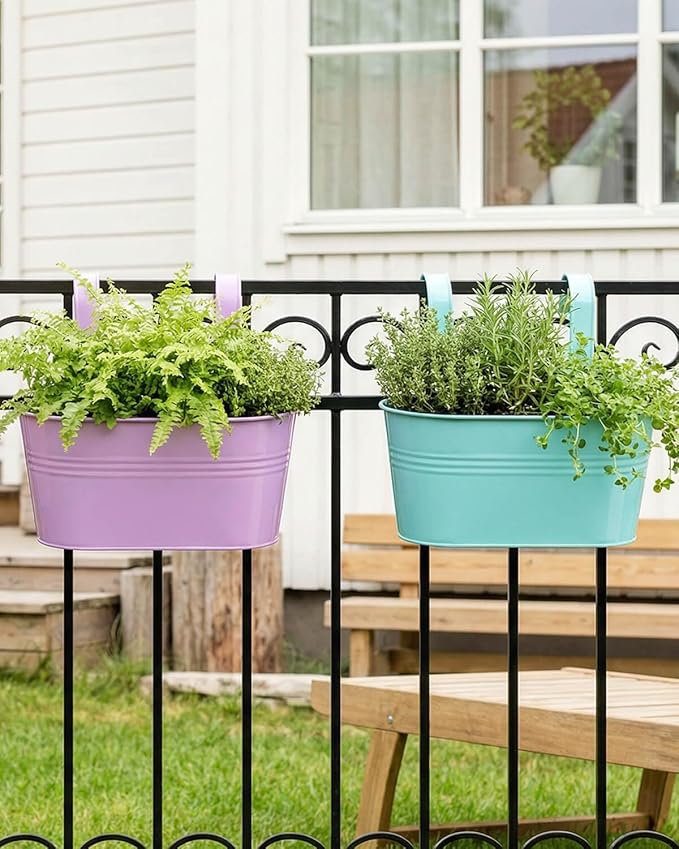 Railing planter box - 3 Pack Metal Hanging Flower Pots with Detachable Hooks & Drainage Holes, Window Oval Bucket Fence Hanging Planters for Outdoor Plants Garden Balcony Home Decor, Purple Pink Blue