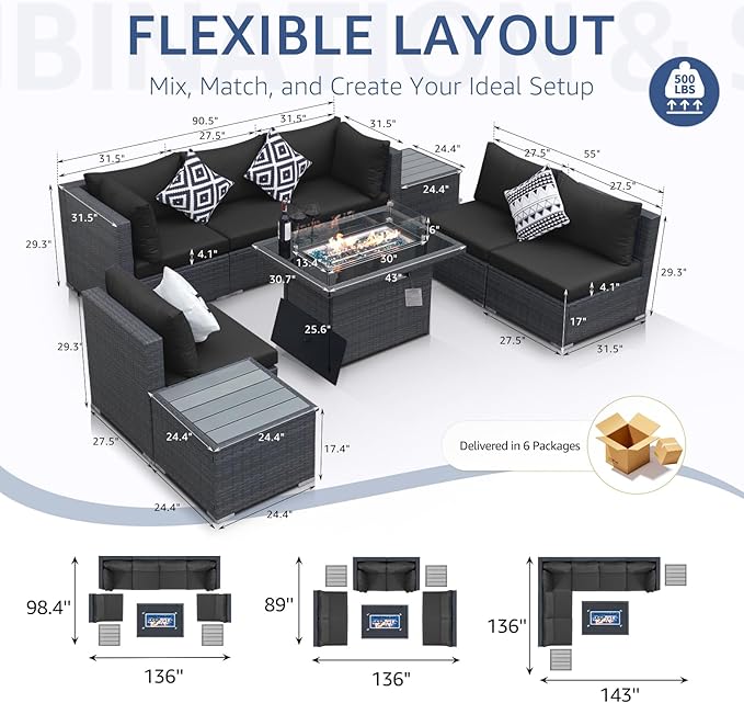 NICESOUL 9 Piece Outdoor Patio Sectional Furniture Sofa Set with Fire Pit Natural Gas Propane, 29.3'' High Back Modern Large Size Wicker Conversations with Fireplace for Backyard, Deep Seats Gray