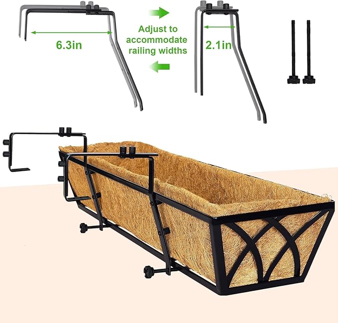 HFHOME 24 inch Window Deck Rail Planter with Coco Liner, 24" Dia Window Box Trough with Coconut Coir Liners, Black Metal Hanging Flower Planter Basket for Indoor Outdoor Lawn - Set of 4