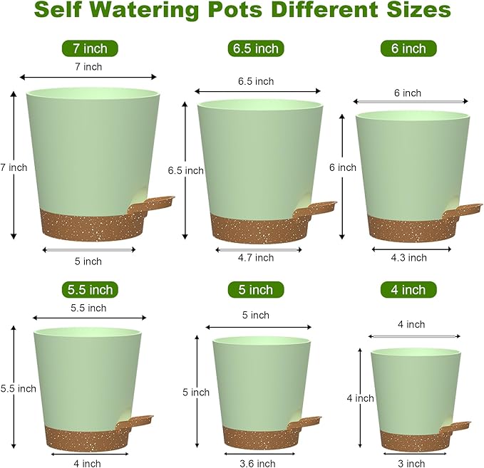 Self Watering Pots, 7/6.5/6/5.5/5/4 inch Flower Pots with Multi Mesh Drainage Holes, Small Platic Planters for Indoor Outdoor Garden Plants and Flowers (Green with Brown Tray, 7"+6.5"+6"+5.5"+5"+4")