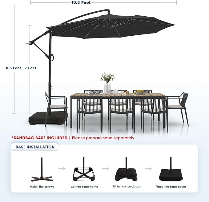 wikiwiki 10ft Patio Umbrella with Base Included, Outdoor Offset Cantilever Umbrella with Sandbag Base for Backyard, Garden and Pool, Easy to Tilt and Crank, Black