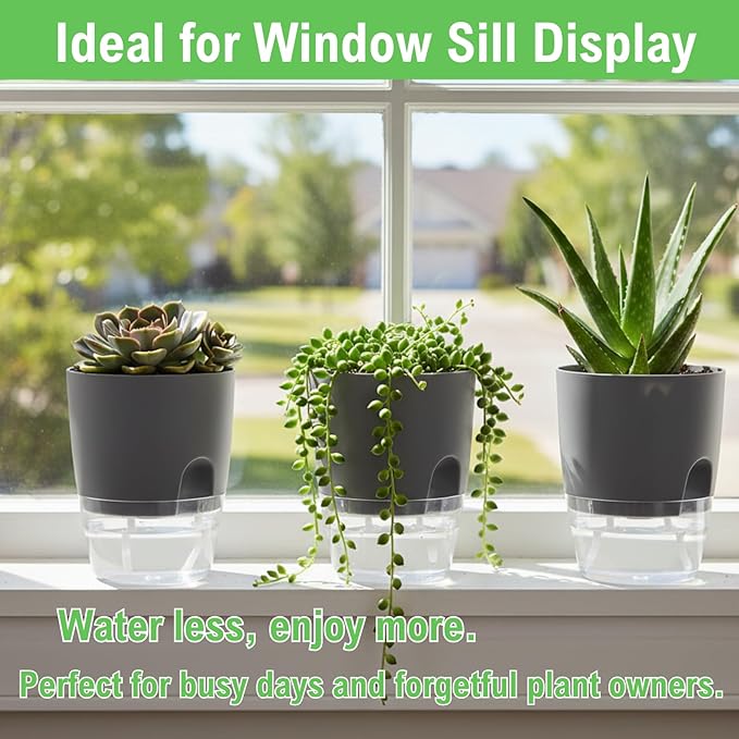 3.2 Inch Self Watering Planters Plastic Planter Pots 5 Pack Wicking Flower Pots Modern Decorative Planter for Small African Violets House Plants,Herbs,Indoor Outdoor Plant (Grey)
