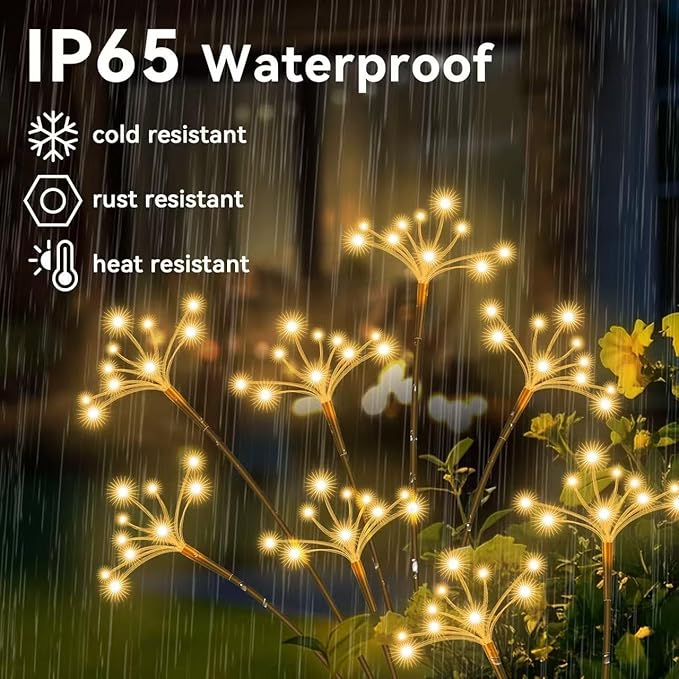 JJGoo Solar Garden Lights, New Upgraded 4 Pack Solar Swaying Starburst Light, Waterproof Fireworks Outdoor Lights, Yard Patio Pathway Decoration, Warm White