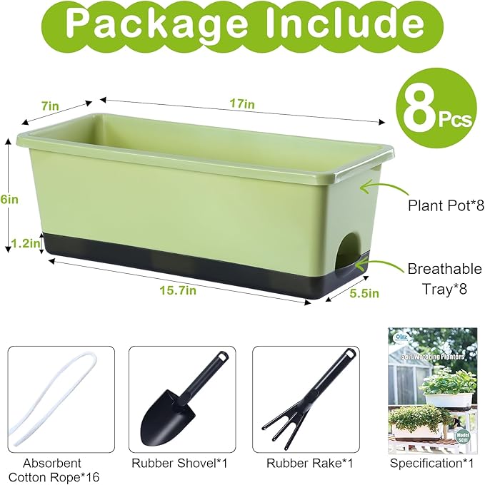 Window Box Planter 8 Pcs, 17 Inches Rectangle Flower Pots with Drainage Holes & Trays, Vegetable Planters for Windowsill Patio Garden Balcony Home Indoor Outdoor (Light Green, 16 * 7 * 6 inch)