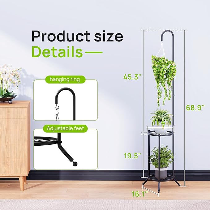 2-tier Hanging Plant Stand Plant Hanger Indoor Outdoor Corner Plant Stands for Indoor Plants, Space-Saving Iron Planter Shelves, Multiple Flower Pot Display Holder Shelf with Hanging Hook, Indoor Outdoor Heavy Duty Planter Shelving Unit (Hooked-style,B...