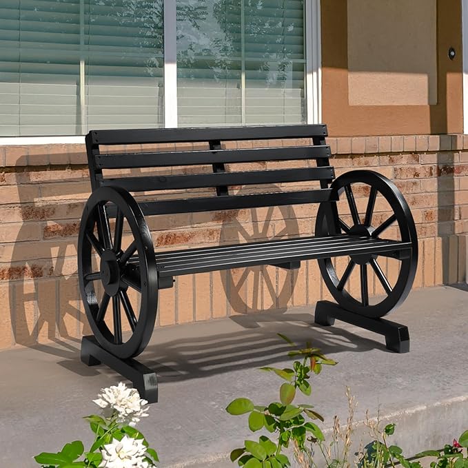 VINGLI Rustic Wooden Wheel Bench Outdoor Bench, Patio Bench Wagon Slatted Seat, Garden Benches for Outdoors 350lbs High Capacity, Weather Resistance (Black, 41in)