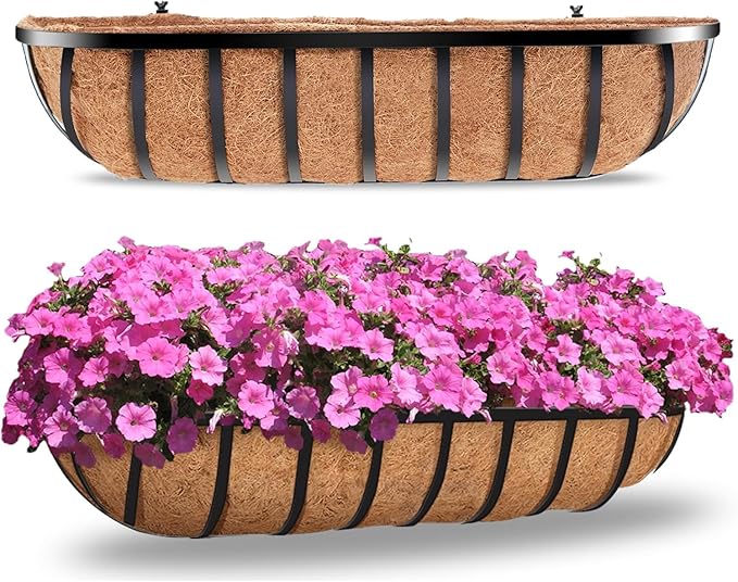 2pcs 30' Planter, Metal Window Box with Coco Liner, Wall Planter for Outdoor Indoor Balcony, Rustic Horse Trough Style