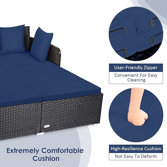 Tangkula Outdoor Rattan Daybed, Sunbed Wicker Furniture w/Spacious Seat, Upholstered Cushion & High-Resilience Sponge, Wicker Patio Sofa Set w/Extra Pillows for Courtyard Poolside (Navy)