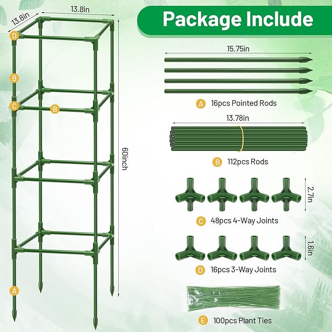 Legigo 4 Pack Square Tomato Cages for Garden- Up to 60 Inch Tomato Plant Support Stakes Cage, Heavy Duty Steel Tomato Trellis Garden Stakes for Raised Garden Bed Climbing Vegetables Cucumbers Flowers