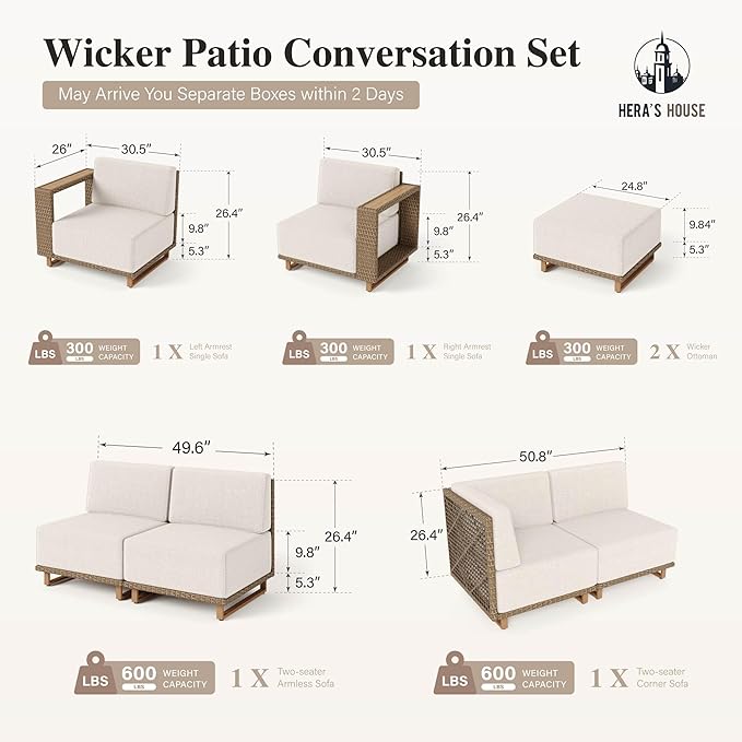 HERA'S HOUSE 8 Pieces Patio Furniture Set, 6 Sectional Outdoor Rattan Wicker Sofas with 2 Ottomans, All Weather Patio Conversation Set with 5.3" Widened Armrest, 10" Premium Ultra Thick Comfy Cushion