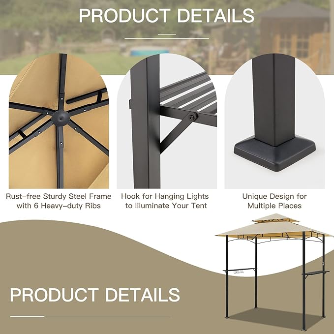 AECOJOY 8' x 5' Outdoor Grill Gazebo Canopy, BBQ Canopy for Outdoor Grill, 2- Tier BBQ Gazebo Shelter for Patio, Backyard and More (Beige)