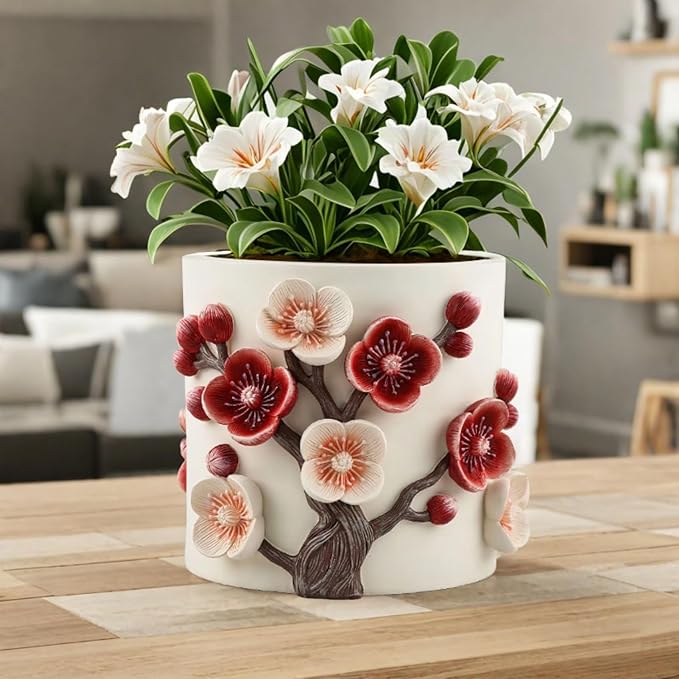 Flower Pot, 5 Inch Cute Plant Pots with Plum Blossom Design, Resin Decorative Flower Pots with Drainage for Indoor Plants, Succulents, Home and Garden Decor