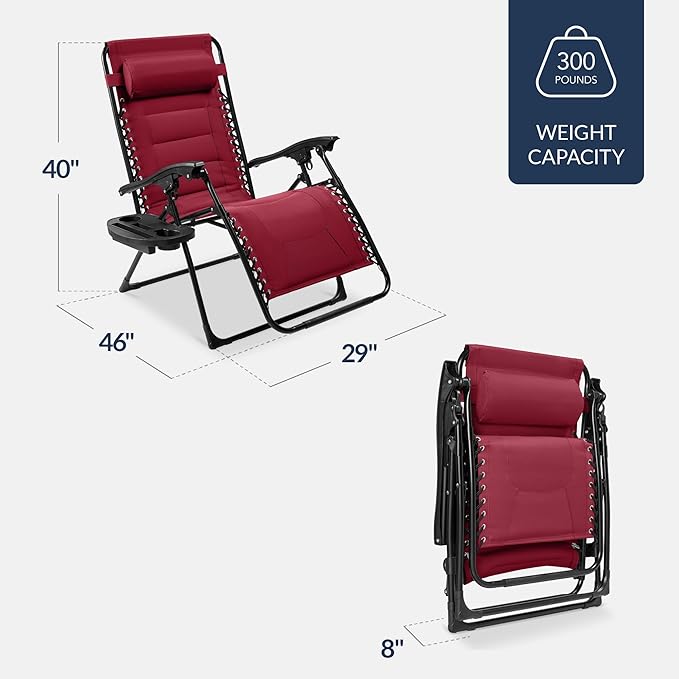 Best Choice Products Oversized Padded Zero Gravity Chair, Folding Outdoor Patio Recliner, XL Anti Gravity Lounger for Backyard w/Headrest, Cup Holder, Side Tray, Polyester Mesh - Burgundy