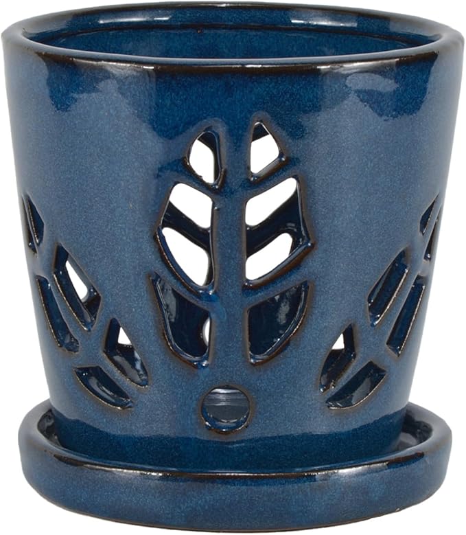 W&W Orchid Pot with Holes and Saucer for Repotting, Blue, 5.5 Inch