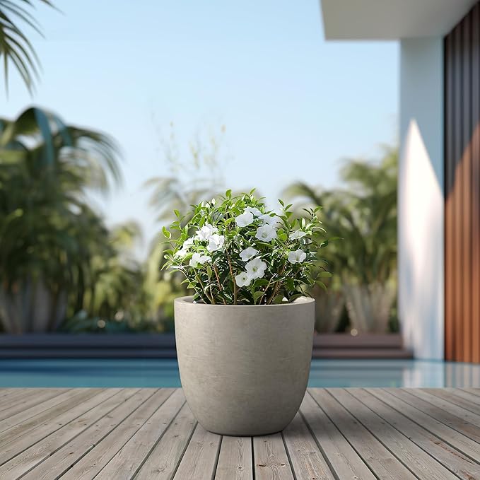 Kante 18 Inch Diameter Round Concrete Planter, Indoor Outdoor Large Plant Pot with Drainage Hole and Rubber Plug for Home Patio Garden, Buff Concrete