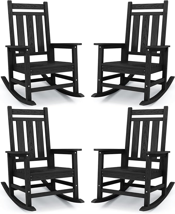 KINGYES Oversized Outdoor Rocking Chair Set of 4, All-Weather Patio Rocking Chairs for Porch, HDPE Outdoor Patio Rockers with High Back & Wide Seat for Garden, Lawn, Black