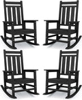 KINGYES Oversized Outdoor Rocking Chair Set of 4, All-Weather Patio Rocking Chairs for Porch, HDPE Outdoor Patio Rockers with High Back & Wide Seat for Garden, Lawn, Black