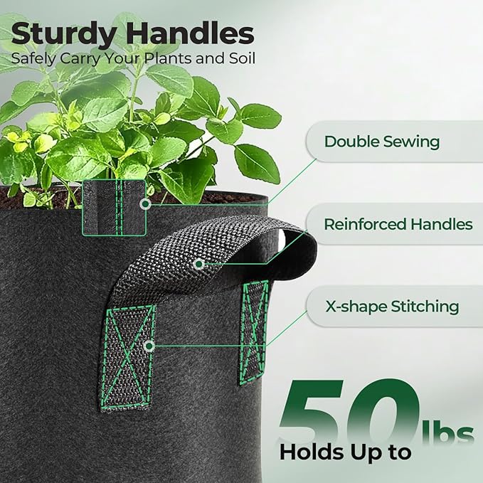 T4U 3 Gallon Grow Bags, Upgrade Grow Bags with Handles, Heavy Duty Thickened Nonwoven Fabric Pots, 3 Gallon Pots for Plants, Rosemary, Chamomile, Onion (10 Pack)