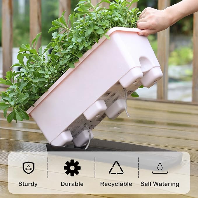 Window Box Planter 8 Pcs, 17 Inches Rectangle Flower Pots with Drainage Holes & Trays, Vegetable Planters for Windowsill Patio Garden Balcony Home Indoor Outdoor (Pink, 16 * 7 * 6 inch)