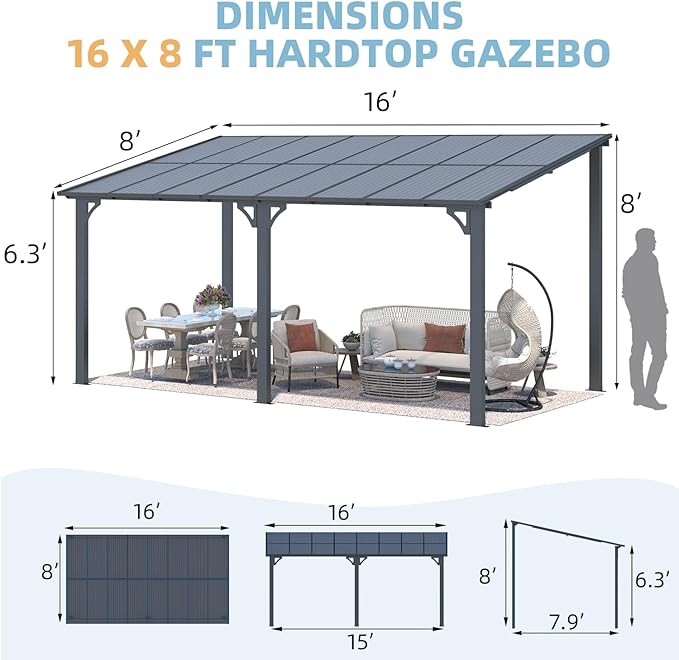 AECOJOY 16' x 8' Gazebo Outdoor Pergola for Patio, 8x16 Hard Top Lean to Gazebo Shelter Pergolas and Gazebos Clearance with Patio Roof, Large Wall-Mounted Heavy Duty Awnings for Decks, Backyard