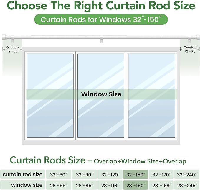 Curtain Rods for Windows 72 to 144, 1 Inch Adjustable White Extra Long Heavy Duty Curtain Rod for Patio Bedroom, Modern Style Indoor Outdoor Window Drapery Rods with End Caps, Size 32" - 150"