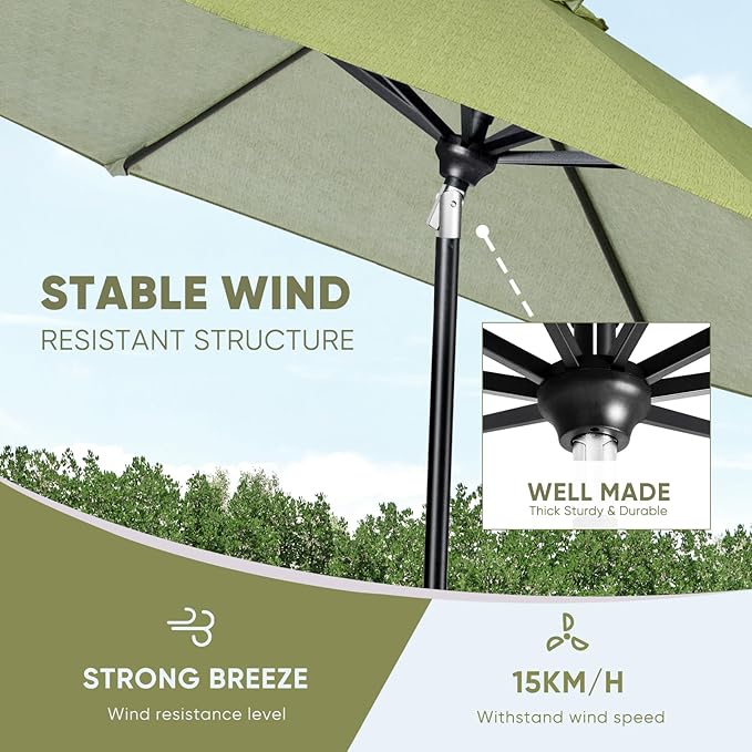 Tempera Patio Market Outdoor Table Umbrella with Auto Tilt and Crank, Large Sun Umbrella with Sturdy Pole & Fade Resistant Canopy, Easy to Set