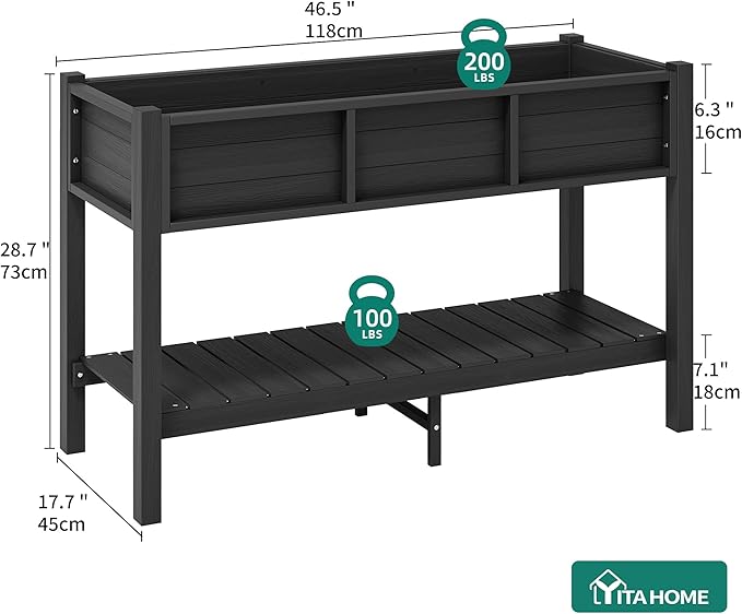 YITAHOME 48x18x30in Raised Garden Bed HDPE, Weather-Resistant Poly Lumber Planter Box with Legs & Storage Shelf, Elevated Garden Bed for Yard, Garden, Balcony - Black