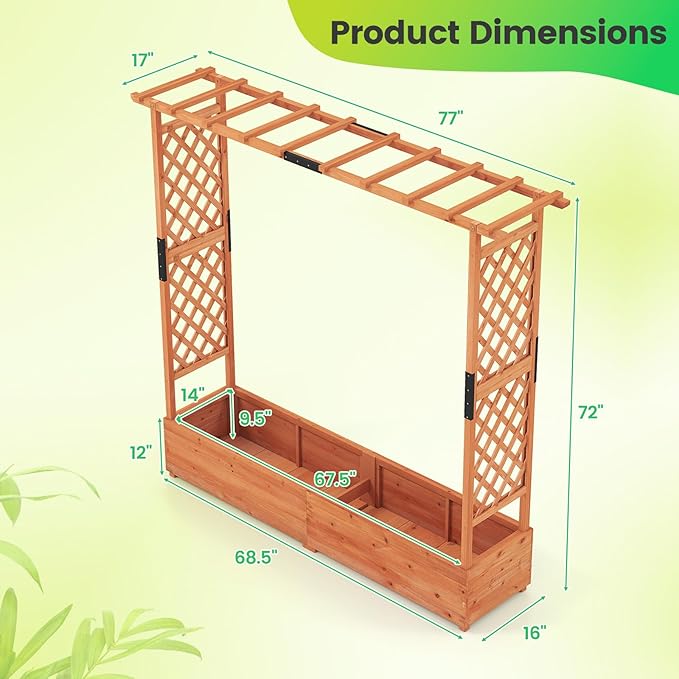 Giantex Raised Garden Bed with Trellis & Hanging Roof, Wood Planter Box with Bottom and Drainage Holes, Freestanding Garden Planter for Flower Vegetable Fruit Herb Climbing Vines, 77"x17"x72"