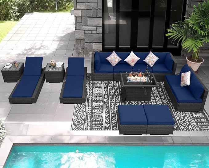 NICESOUL 13 Piece Patio Furniture with Fire Pit, Heavy Duty Wicker Outdoor Sectional with Firepit Table & Chaise Lounge, Big Large Sectional 10-Seats w/Firepit Propane/Natural Gas, Gray & Navy Blue
