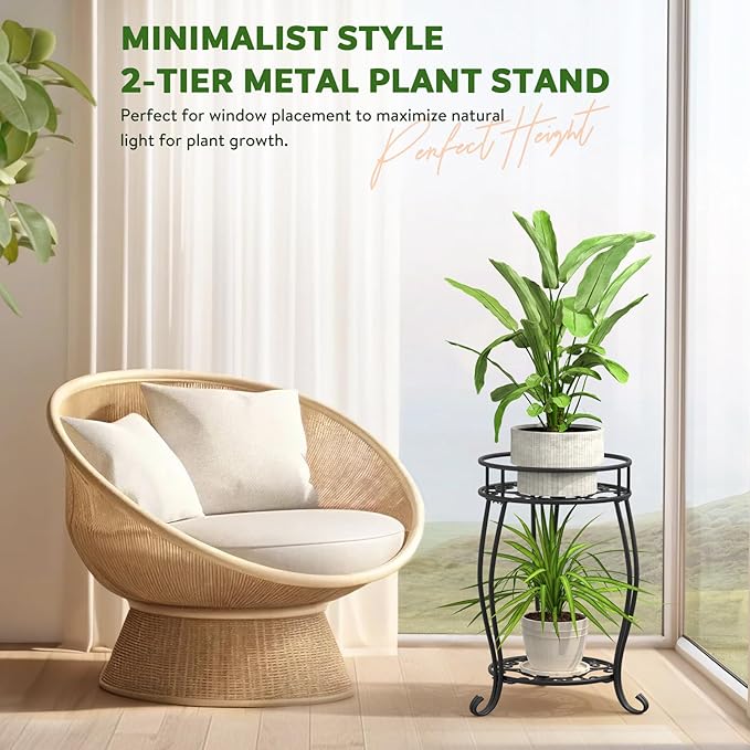 TOSKING 2 Tier Metal Plant Stand Indoor Outdoor , Rustproof Stable Plant Stands Multiple Plant Rack Holder Flower Pot Stand for Living Room Balcony Garden Patio Bedroom (Black, 19.5)