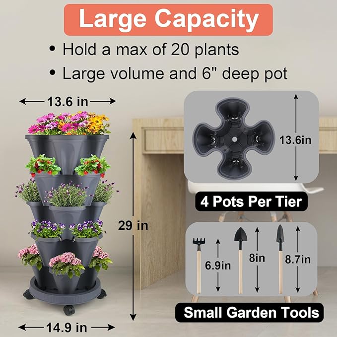 GameXcel Vertical Planter 5 Tier Stackable Planters Garden Planters Strawberry Herb Flower and Vegetable Planter Indoor Outdoor Gardening Pots with Removable Wheels and Tools - Dark Gray