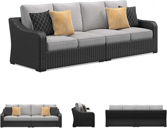 Signature Design by Ashley Beachcroft Casual Nuvella Weather Resistant Fabric 2-Piece Outdoor/Indoor Loveseat with Cushion and 4 Toss Pillows, Black & Light Gray