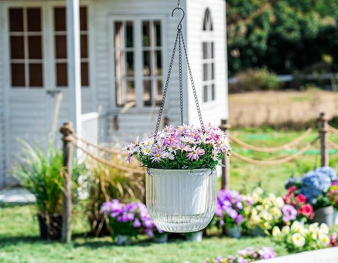 Melphoe Self Watering Hanging Planters for Indoor Plants, 1 Pack 8.3 Inch Outdoor Hanging Plant Pot Basket, 2 Kinds of Hangers Macrame 35.5’’ & Metal Chain 19.6’’ for Garden Home Decor