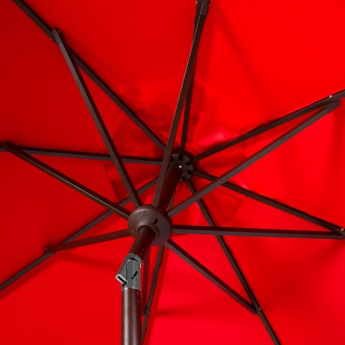 SAFAVIEH 9ft Outdoor Patio Umbrella, Round, Valance, Red & White Trim, Auto Crank Tilt, UV Resistant for Deck, Backyard, Poolside (PAT8006D)