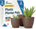 Brown Plant Pots with Drainage Holes & Saucers 3 Pack, Indoor & Outdoor Stackable Space-Saving Planters for Houseplants & Flowers, (7", 6.7", and 6" Inches), Durable & Weatherproof Materials
